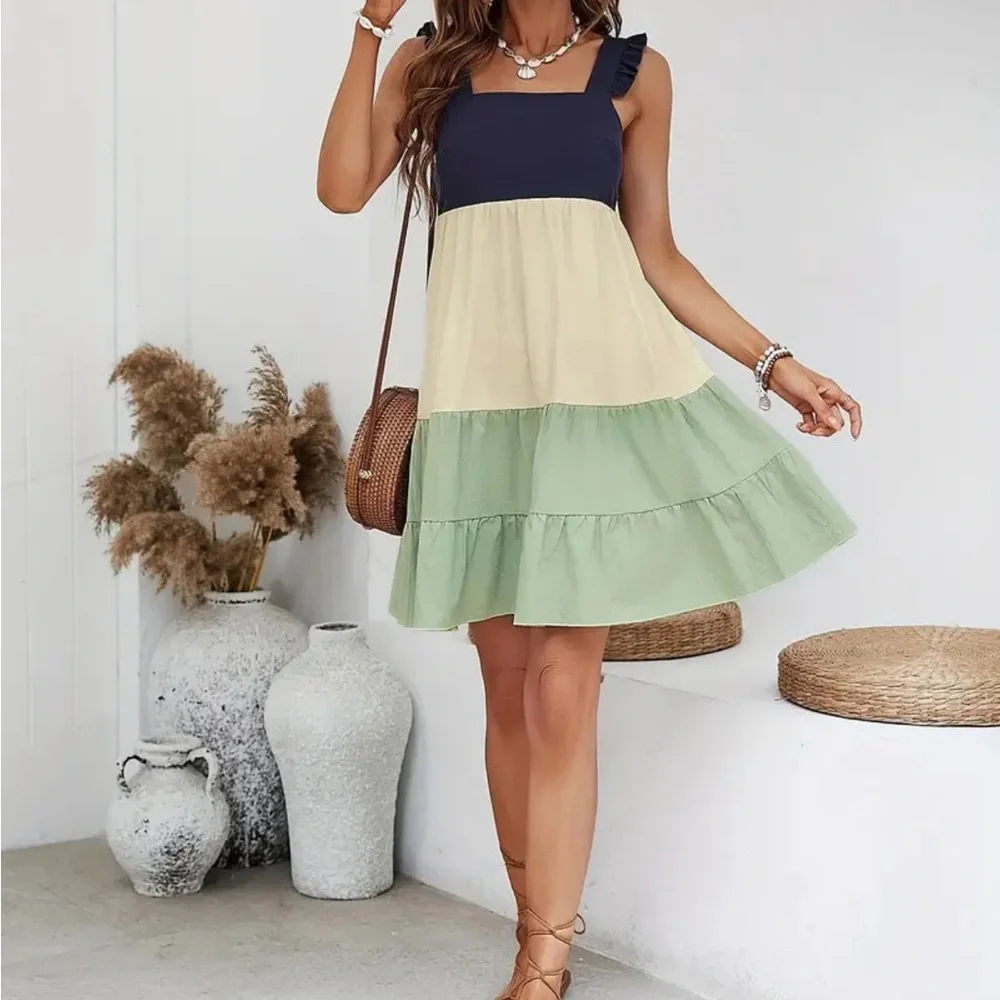Color Block Ruffle Trim Tank Dress - Picture 1 of 5